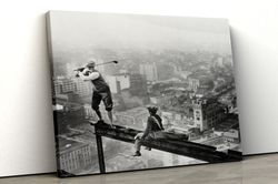 golf on skyscraper beam, golf wall art, black and white art, vintage wall art, funny wall art, old golf photo, canvas re