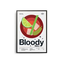 midcentury bloody mary cocktail poster, bloody mary cocktail print, cocktail kitchen art, cocktail recipe poster, cockta