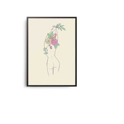Abstract Floral Woman Line Art Poster, Midcentury Modern Hand Drawn Black White Art, Midcentury Line Art Print, Boho, Ma