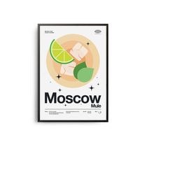 midcentury moscow mule cocktail poster, moscow mule cocktail print, cocktail kitchen art, cocktail recipe poster, cockta
