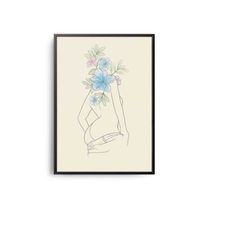 Abstract Floral Woman Line Art Poster, Midcentury Modern Hand Drawn Black White Art, Midcentury Line Art Print, Boho, Ma
