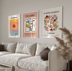 Gallery Wall Art Set Of 3 Prints, Picasso Print, Andy Warhol Poster, Flower Market poster,Flower Market Print, Modern Wa