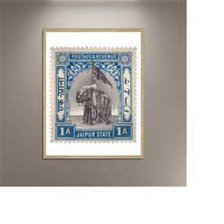 jaipur india postage stamps, blue elephant photo poster print poster framed, old postage stamps art decor, printed pictu