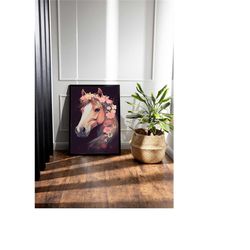 horse with flowers canvas, horse head, horse canvas framed, animal canvas art, modern home decors, flower art