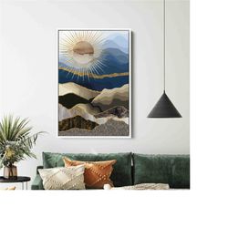sun and mountain landscape, gold sun poster, modern landscape canvas art, landscape poster, mountain wall decor, view ar