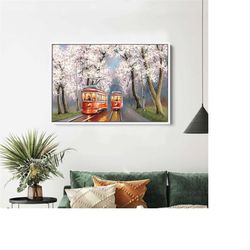 tram print on canvas , floating frame option, modern wall art, extra large canvas wall art