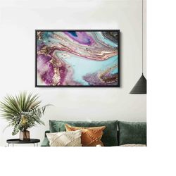 purple  gold fluid art canvas, abstract watercolor modern art painting, large gallery-wrapped wall art, home  office dec