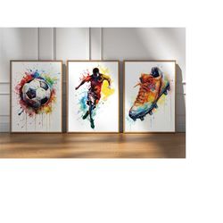 set of 3 soccer wall art prints, soccer prints, boys bedroom decor, gift for boys, colourful football prints, football p