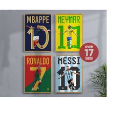 Set Of 4 Football Stars Prints - Messi, Ronaldo, Neymar, Mbappe - Soccer GOATS - Football Poster Prints - Best Football