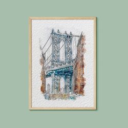 manhattan bridge, new york city, watercolour print, new york city print, new york, usa, the big apple, nyc