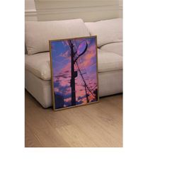 Dreamy Purple Sky, Watercolor Painting Art Print, Anime Aesthetic Artwork, Cityscape Street Scenery, Pastel Art for Home