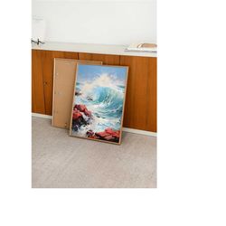 crashing waves, vintage coastal painting, acrylic painting on canvas, rocky coastline landscape, eclectic printable art