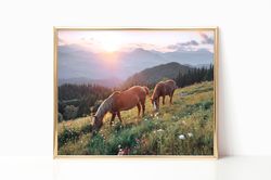 Grazing Wild Horses Mountain Photography Field Boho Meadow Nature Farmhouse South Western Room Decor Canvas Print Poster