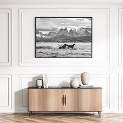 Grazing Wild Horses Mountain Photography Field Boho Meadow Nature Farmhouse South Western Room Decor Canvas Print Poster