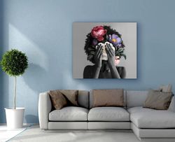 african american woman with flowers poster, flowers gallery wrap, canvas print african american art, free shipping, larg
