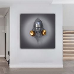 Bronze head canvas painting, silver glitter textured canvas painting, wall decor with 3d effect
