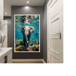 elephant wall canvas art, underwater elephant canvas print art, underwater plants canvas wall art, big elephants ready t