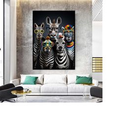 funny zebras canvas wall art, zebras with glasses canvas print art, colorful zebras canvas wall decor, cute animals canv