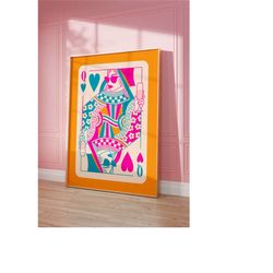 queen of hearrts maximalist home bar cart art print dopamine decor funky art prints, hot pink art print maximalist poste