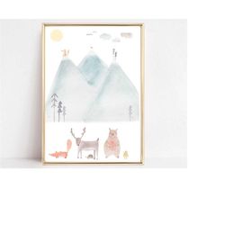 children's room poster, mountains pastel, animals watercolor, fox, bear, deer, gift child, gift baby, gift birth
