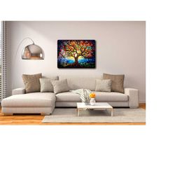 tree of life vitrail effect metal canvas, stained wall hanging, colorful modern decor, vibrant colored metal hanging, ae