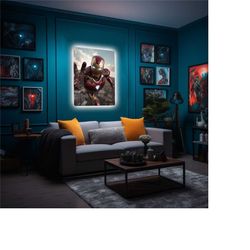 iron man wall decor, printed metal canvas, marvel characters poster, avengers custom printed metal wall hanging, neon le