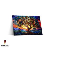 vitrail effect tree of life metal canvas, reflective wall decor, stained wall hanging, vibrant colored metal painting,ae
