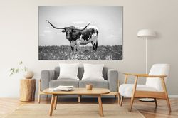 texas longhorn steer black and white canvas large canvas wall art black and white longhorn cow ready to hang