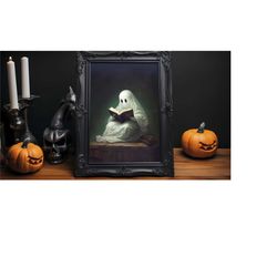 Ghost Reading Book Print, Victorian Gothic, Dark Academia Print, Halloween Poster, Spooky Cute Ghost, Dark Moody Art, Ha