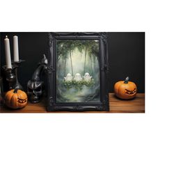 Watercolor Ghosts Family on a Swing Print, Gothic Oil Painting, Dark Academia Halloween Poster, Spooky Cute, Dark Moody,