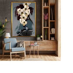 Fashion Man Wall Art, Man With Flowers Print,Black Man Painting, Surreal Art, Ready to Hang Decoration