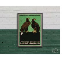 Zoologischer Garten Munchen, Retro Poster, Birds and Eagle, Green and Black, Wall Art, Reproduction, Retro Style 2144