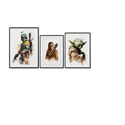 Star Wars Watercolor Digital Prints Set - 3 Prints - Boba Fett, Chewbacca, Yoda, Art Prints Set, Star Wars Wall Decor -