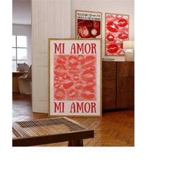 maximalist poster, mi amor wall art, trendy kiss poster, red art print, modern eclectic wall art, spanish poster, red li