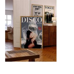 disco fever magazine poster, retro bar cart wall art, magazine cover print, party poster, disco ball print, bar cart dec