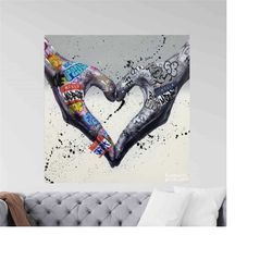 graffiti heart sign hands canvas, banksy wall art, graffiti canvas painting, hands canvas print, pop art love sign canva