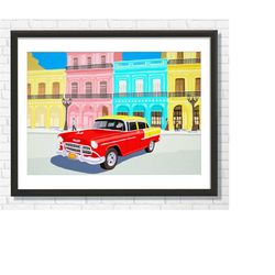 Havana ,Cuba Old Car parked on Street ,Wall Decor Art Print