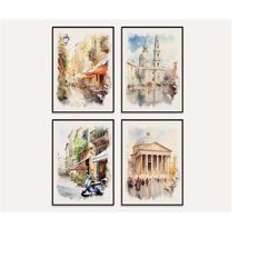 Watercolor Roma Italy Travel Prints Bundle Set of 4, Touristic Gallery Set, Colorful City Posters, Colorful Travel Wall
