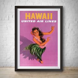 Hawaii Vintage Travel Poster 1960 United Airlines Vintage Advertisement Hand Drawn Wall Art Airline Ad Travel Poster Vin