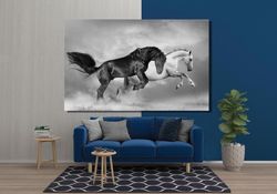 Black And White Horse Racing Poster Print, White Horses Poster Print, Black Horse Canvas, Horses Running Poster, Two Hor