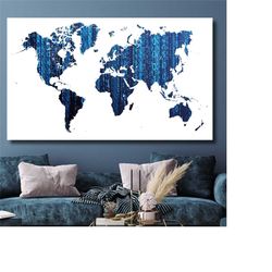 Blue Light Binary Numbers Digital World Map Canvas