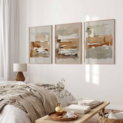 Modern Simple Neutral Gallery Wall Art Set of 3 Nordic Prints Earth Tone Abstract Art Minimalist Brush Strokes Bedroom D