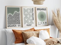 Set of 3 Bauhaus Exhibition Poster, Soft Sage Green Bauhaus Print Set, Modern Bauhaus Wall Art, Bauhaus Art Gallery Wall