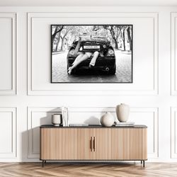 kissing couple in a car romantic valentines gift poster black and white retro photography canvas framed printed trendy l