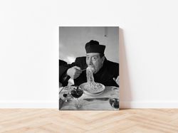 Man Eating Pasta Black and White Vintage Old Retro Photography Restaurant Kitchen Diner Wall Art Decor Canvas Frame Prin