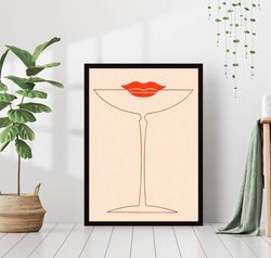 Martini Glass Lips Retro Art Vintage Pub Alcohol Bar Print Wall Poster Canvas Framed Printed Girly Wall Art Trendy Happy