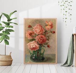 Moody Roses Vintage Flowers Bouquet Oil Painting Canvas Print Poster Frame Wall Art Rustic Still Life Country Farmhouse