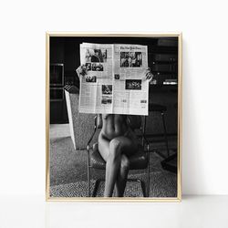naked woman reading newspaper vintage retro photo fashion bedroom kitchen art coffee shop decor photography poster canva