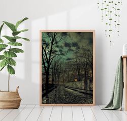 november night vintage moody moonlight landscape antique painting mystery woman canvas print poster frame moody dark aca