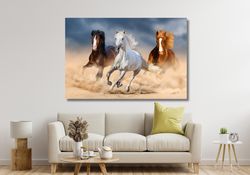3 Running Horses Ready To Hang Canvas, Three Running White Black Brown Horse Animals Canvas Print, Horse Wall Art, Color